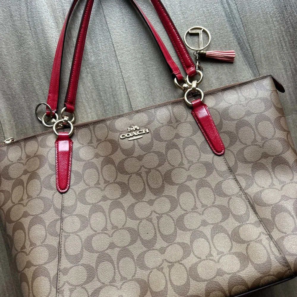 Coach Zip Top Tote Signature Canvas Khaki Red Shoulder Bag F31976